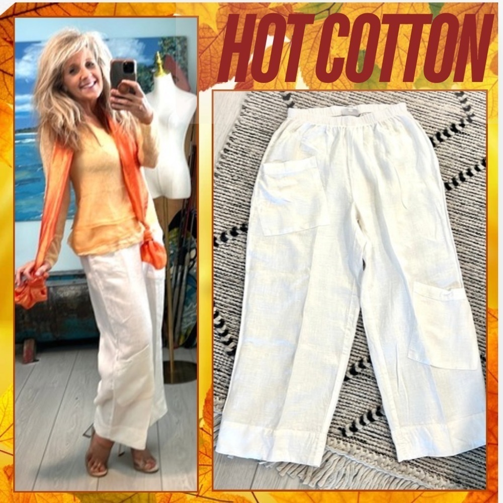 Hot Cotton,Beautiful White Linen Pants, Adorable Asymmetrical Pockets,EUC,Size M